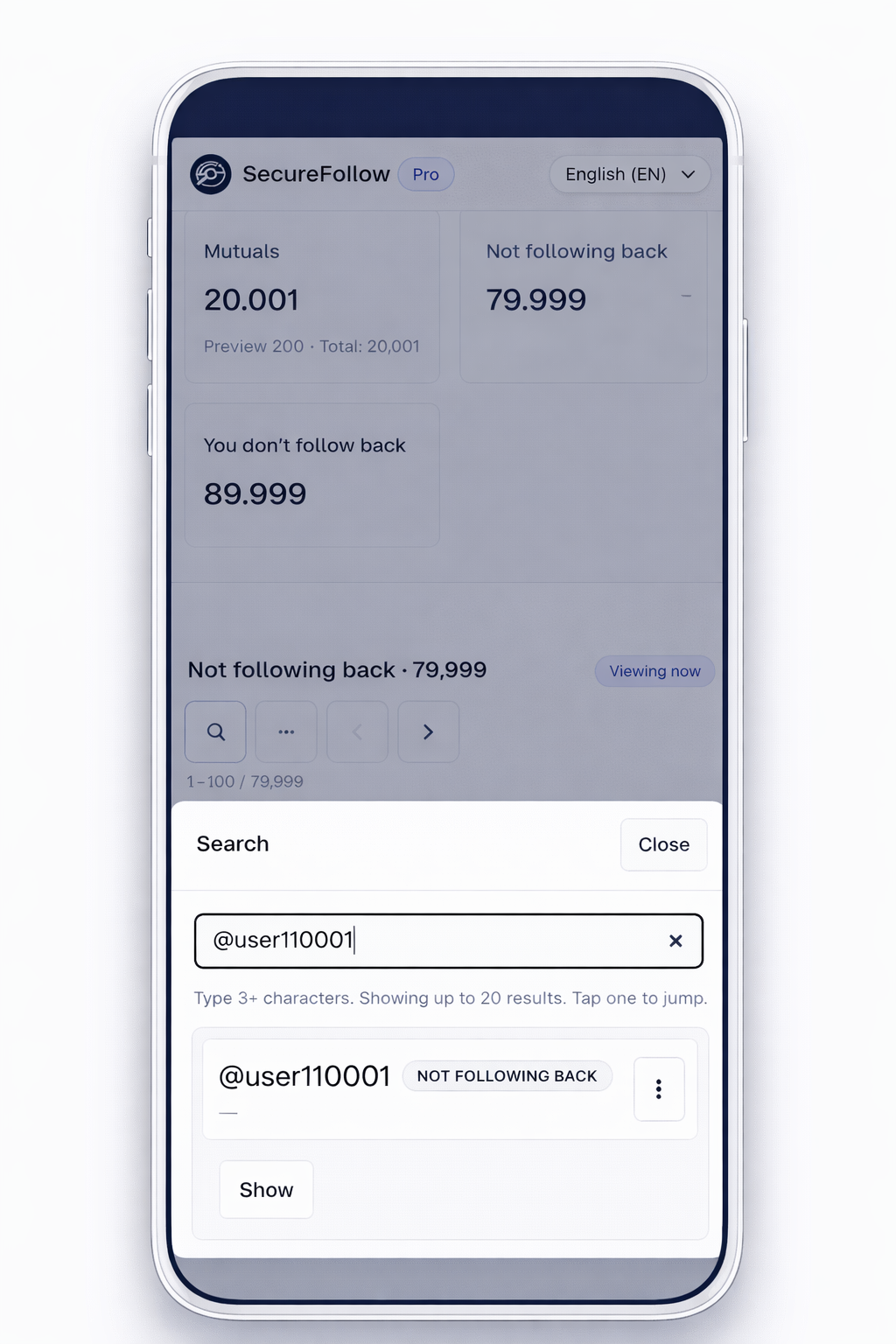 Mobil vy for sokresultat i SecureFollow