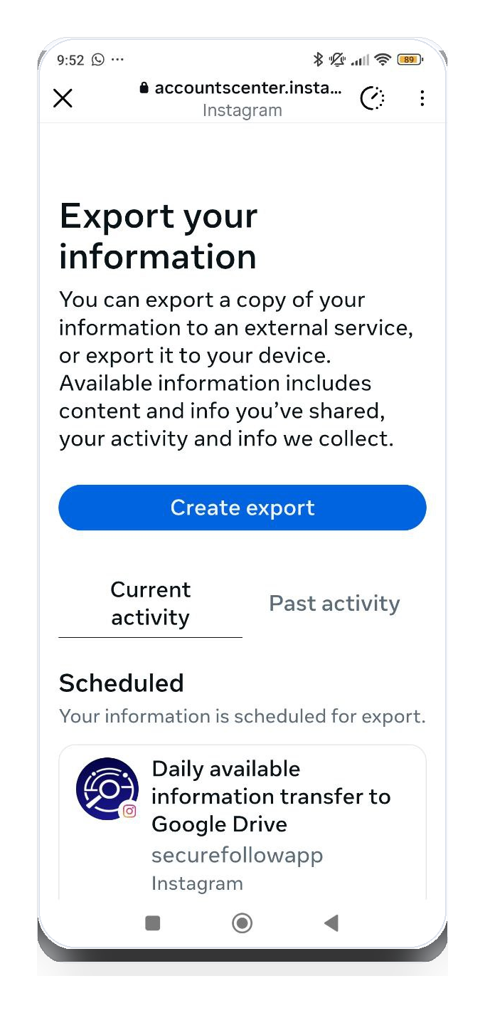 Export your information screen