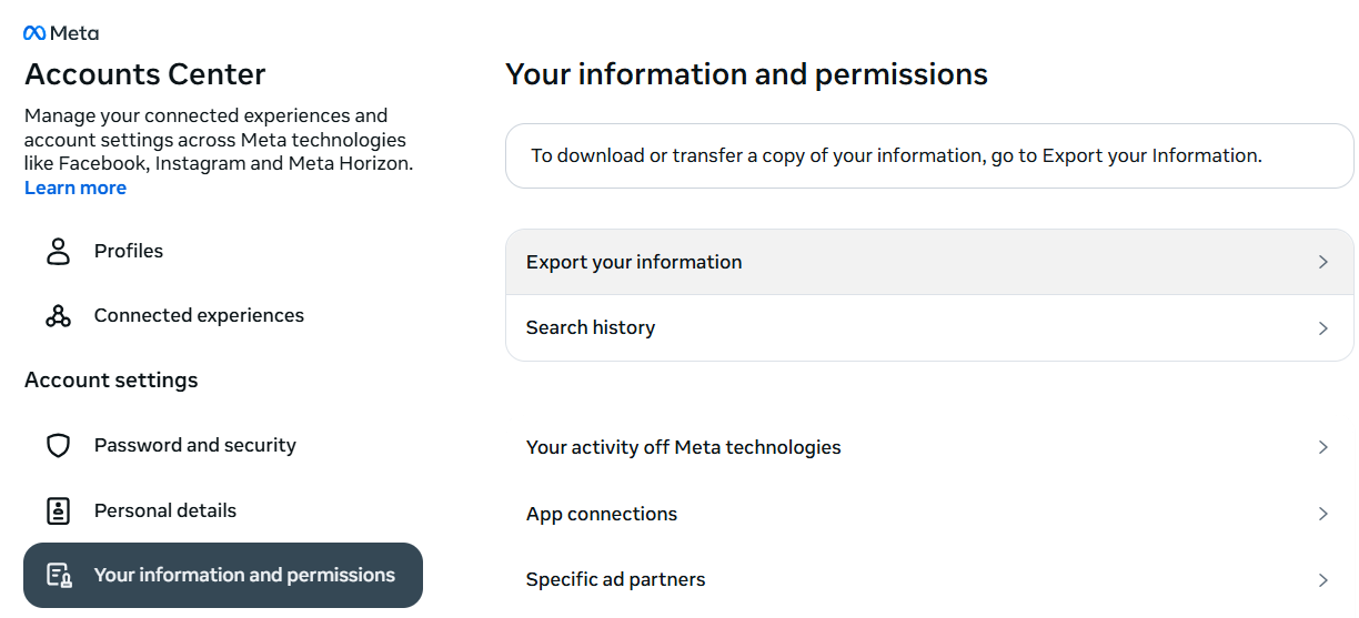Accounts Center export information screen