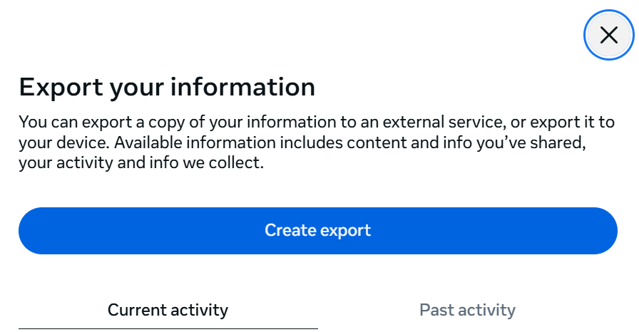Export your information screen